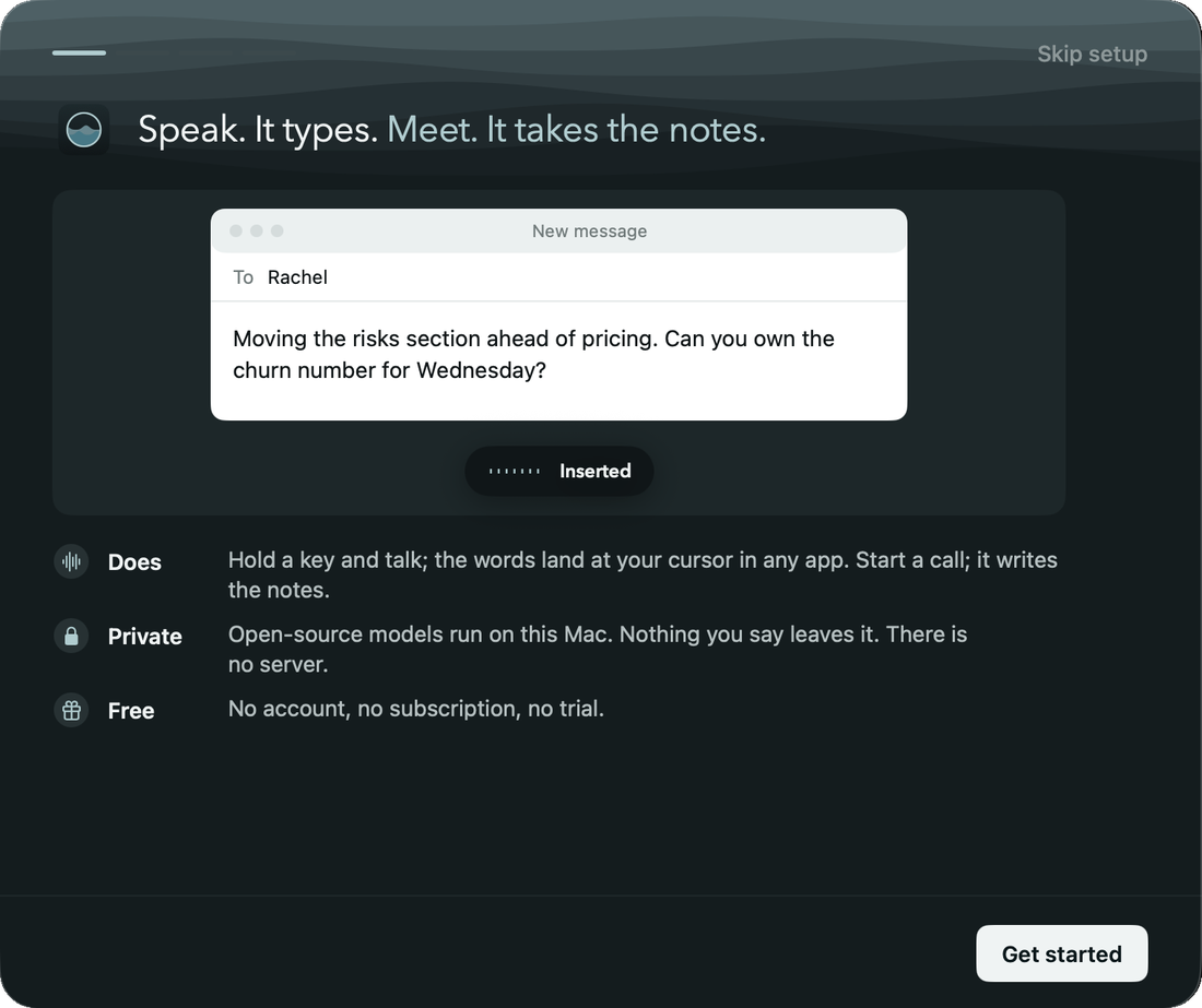 Mythral's first screen: Speak. It types. Meet. It takes the notes.